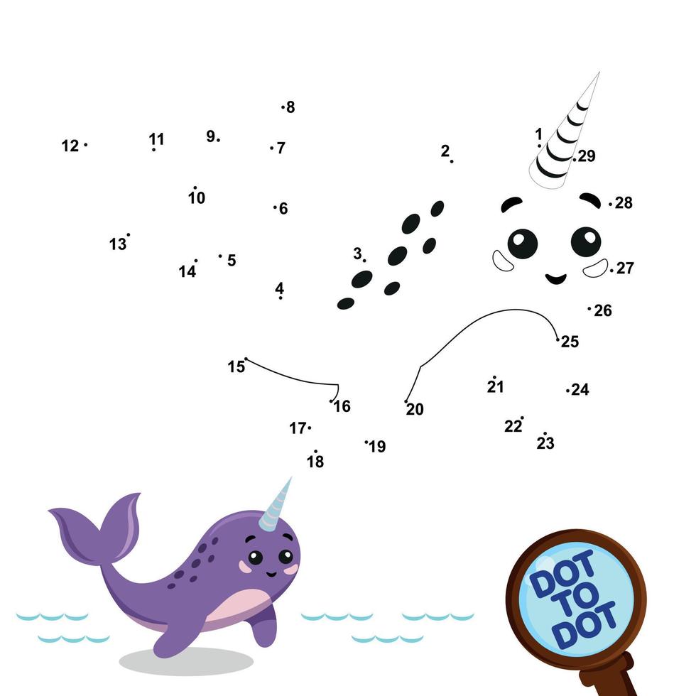 Narwhal. Dot By Dot Mini Game For Kids. Educational, Smart Cards For Kids. A Series Of Wild Animals Of The Arctic, Antarctic, Alaska. Drawn, Cute Animals For Kids. White Background, Isolate vector