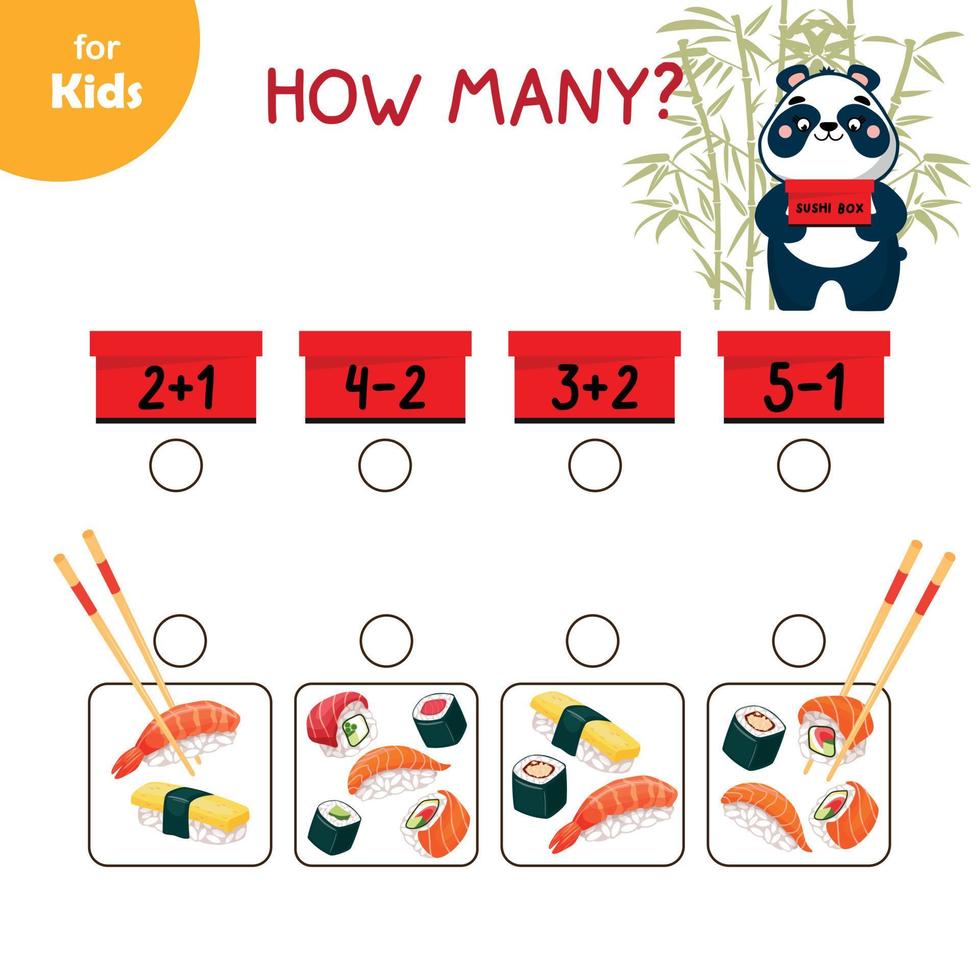 juego educativo para niños. juego de matemáticas, resuelve un ejemplo. une los cuadros con ejemplos y cuenta el sushi en cuadrados. educación, preparación para la escuela, desarrollo infantil. vector