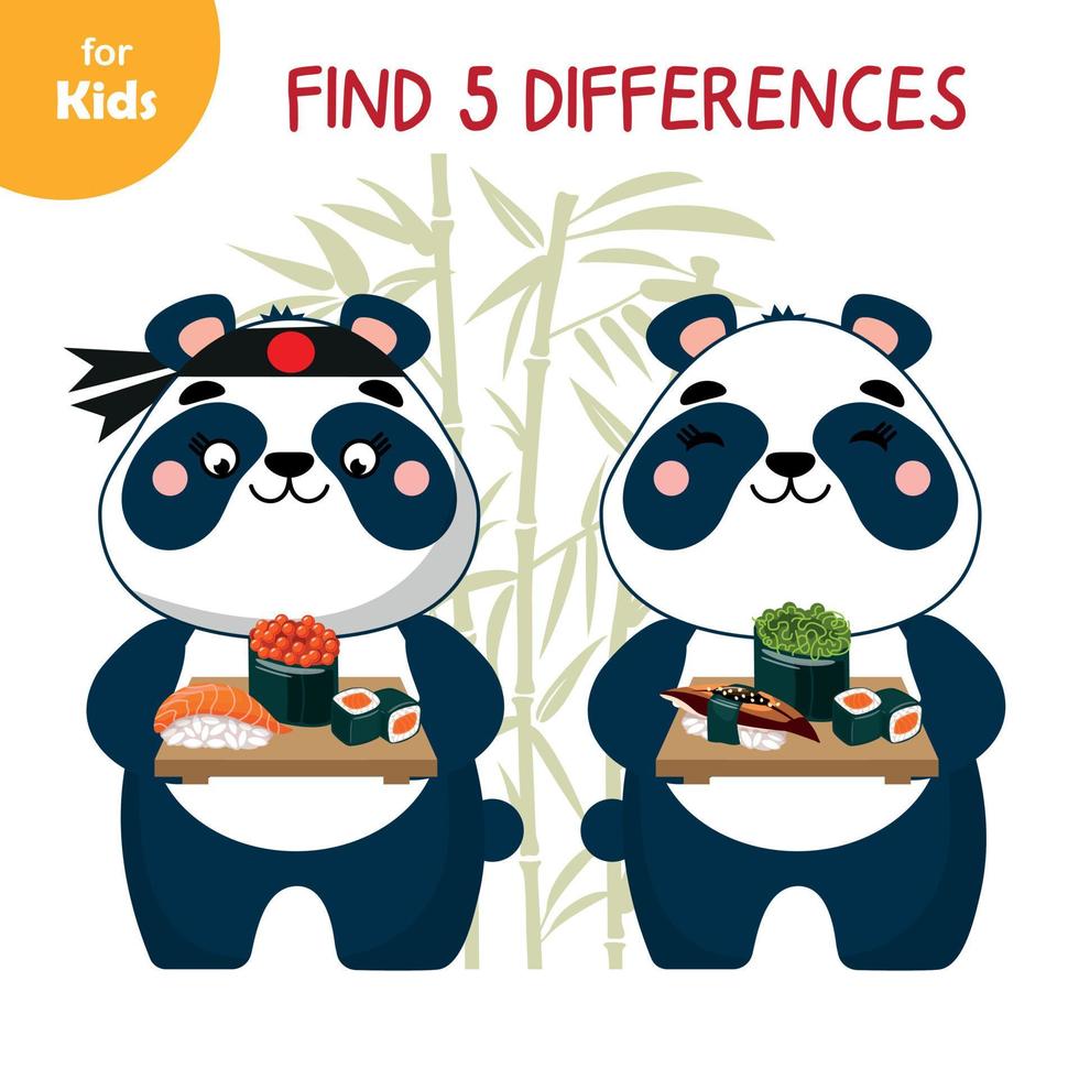 mini juego para niños. Encuentra 5 diferencias en imágenes para niños. edad de la escuela secundaria. lindo panda quiere comer sushi. cuaderno de actividad, entretenimiento, aprendizaje vector