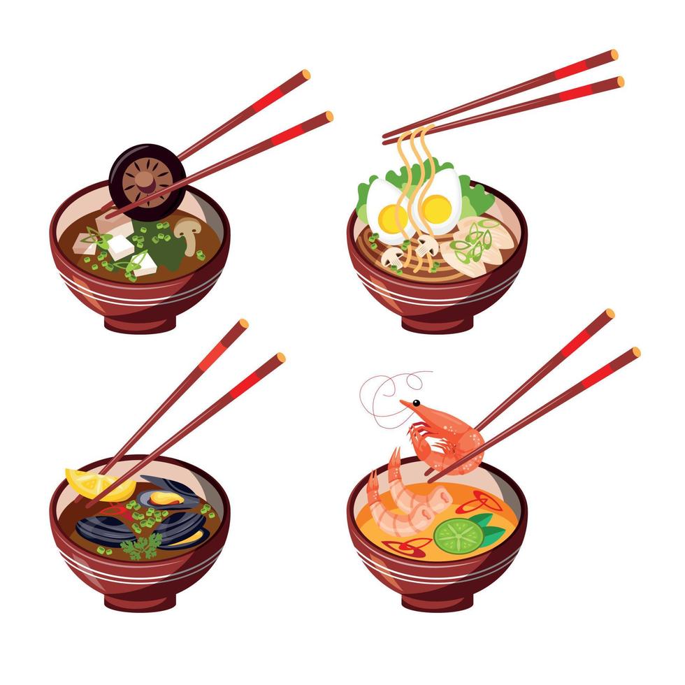 comida asiática. juego de sopa asiática. sopa con mejillones, mariscos, sopa de miso y ramen. platos de comida, primer plano vector
