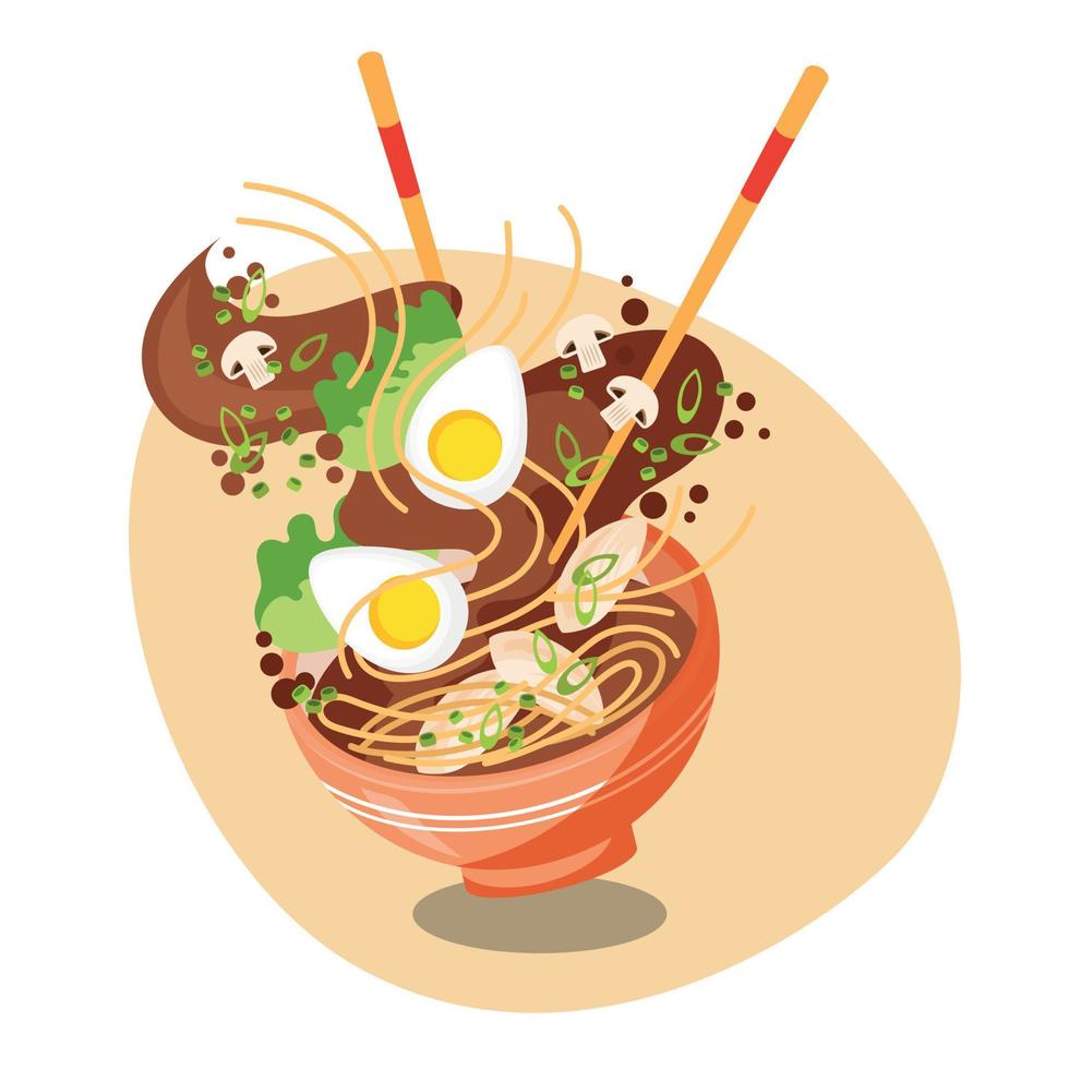 Asianfood. Soup Ramen, Traditional Asian Soup With Egg And Chicken. Image In Levitation Style vector