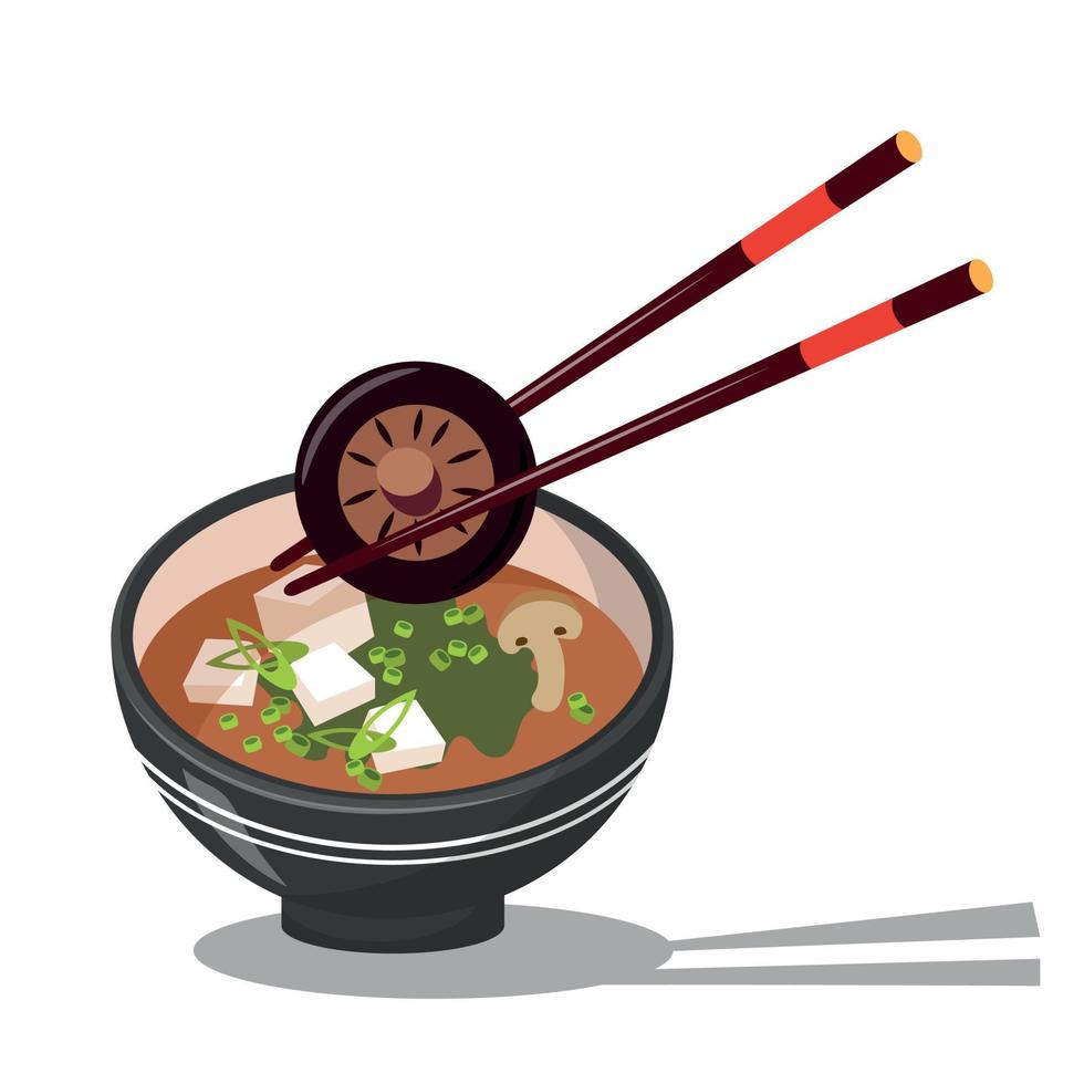 Asianfood, Miso Soup. Japanese Soup With Shiitake Mushrooms And Seaweed. Close-up Of A Plate Of Food. National Cuisine vector