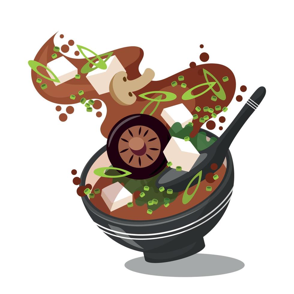 cocina asiática, sopa de miso. sopa japonesa con setas shiitake y algas. primer plano, levitación, el platillo vuela. cocina tradicional vector