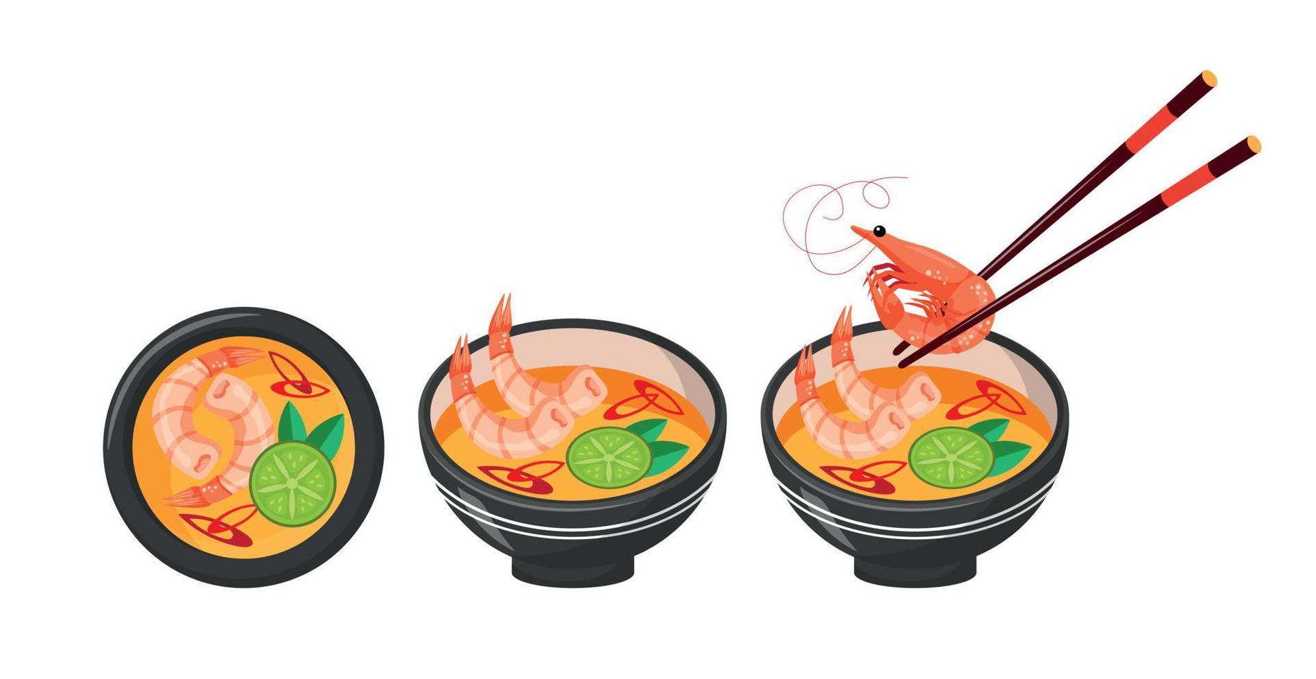 comida asiática, sopa asiática picante con camarones, plato tradicional de mariscos. 3 platos de comida, primer plano vector