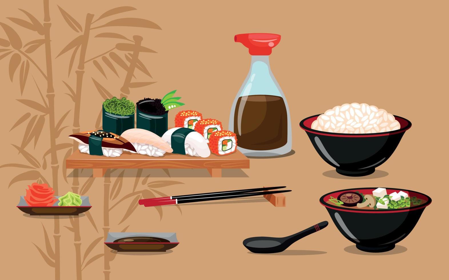 Sushi, rice bowl, miso soup. Japanese lunch vector