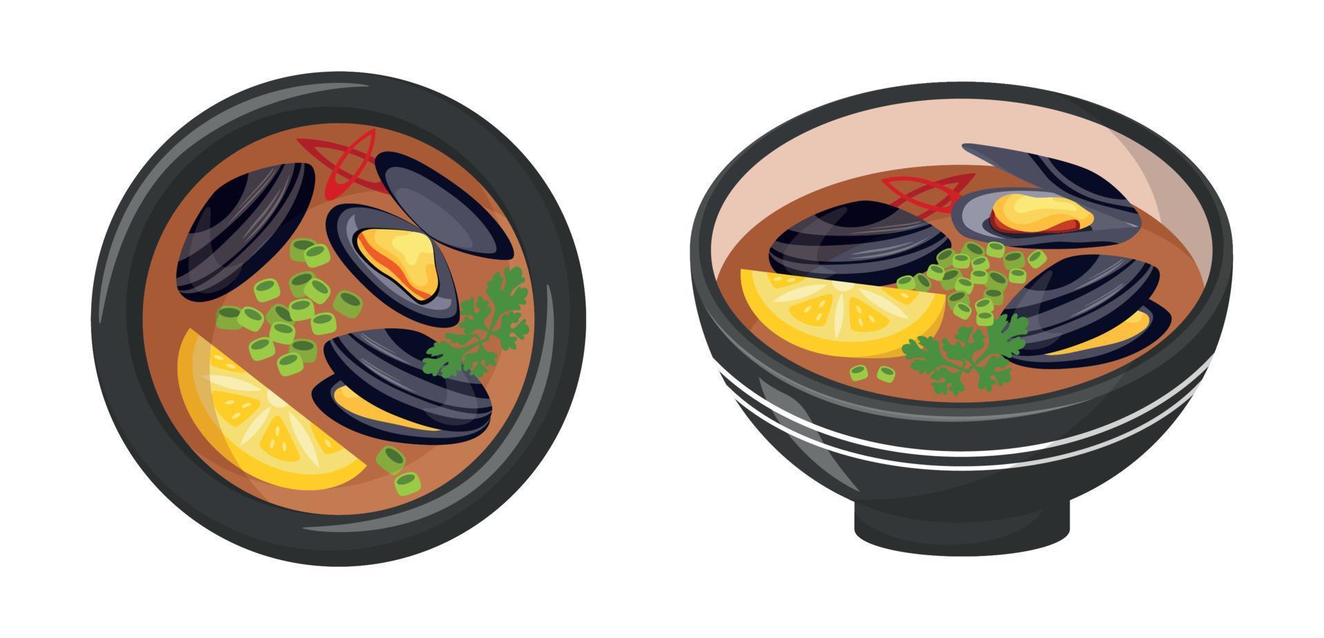 Asian Cuisine, Soup With Mussels. Traditional Seafood Dish. 2 Plates Of Food, Close-up vector