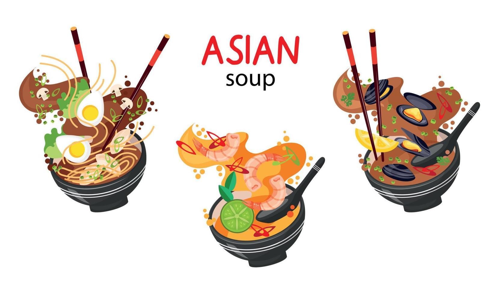 Asian Food. Asian Soup Set. Illustration In Levitation Style. Soup With Mussels, Miso Soup And Ramen vector