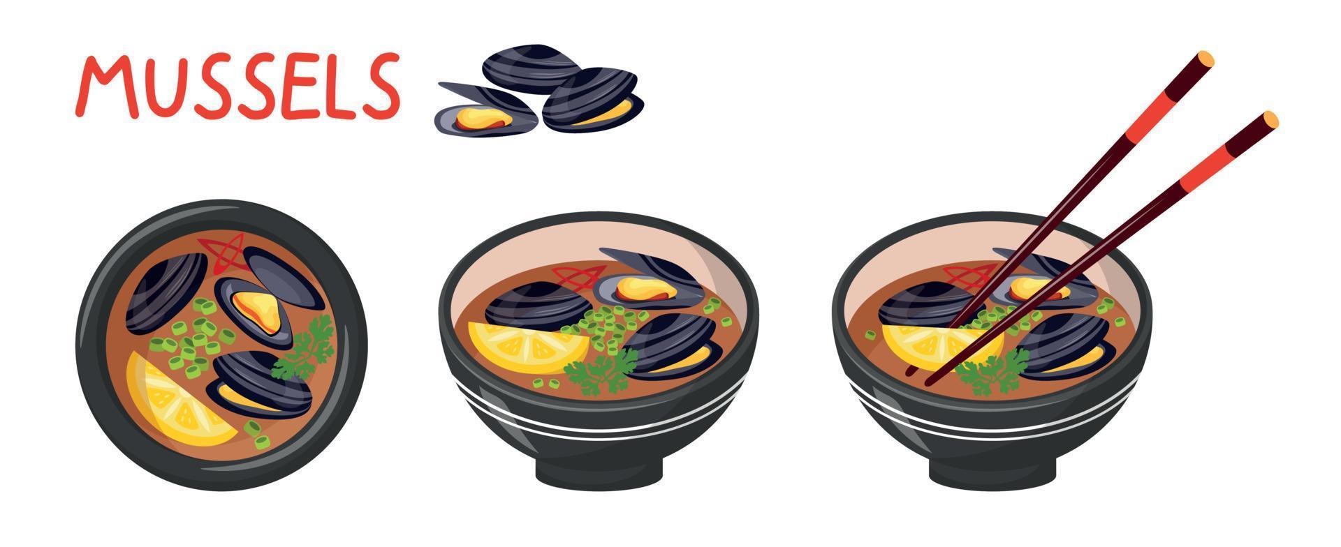 Asian Cuisine, Soup With Mussels. Traditional Seafood Dish. 3 Plates Of Food, Close-up vector