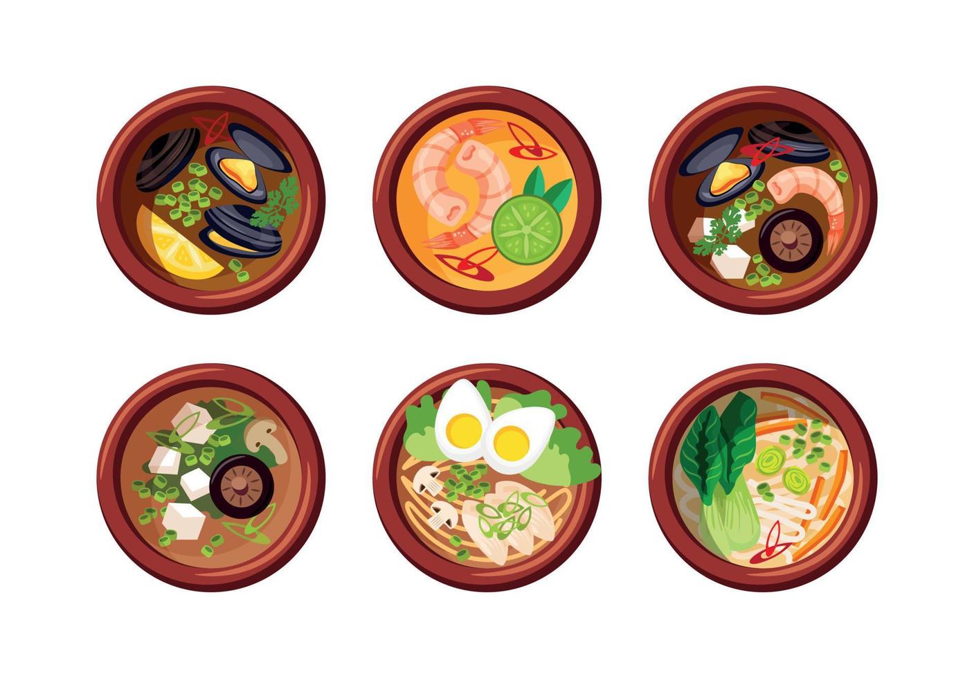 Asianfood. Asian Soup Set. Soup With Mussels, Seafood, Miso Soup And Ramen. Plates Of Food, Flat Lay vector