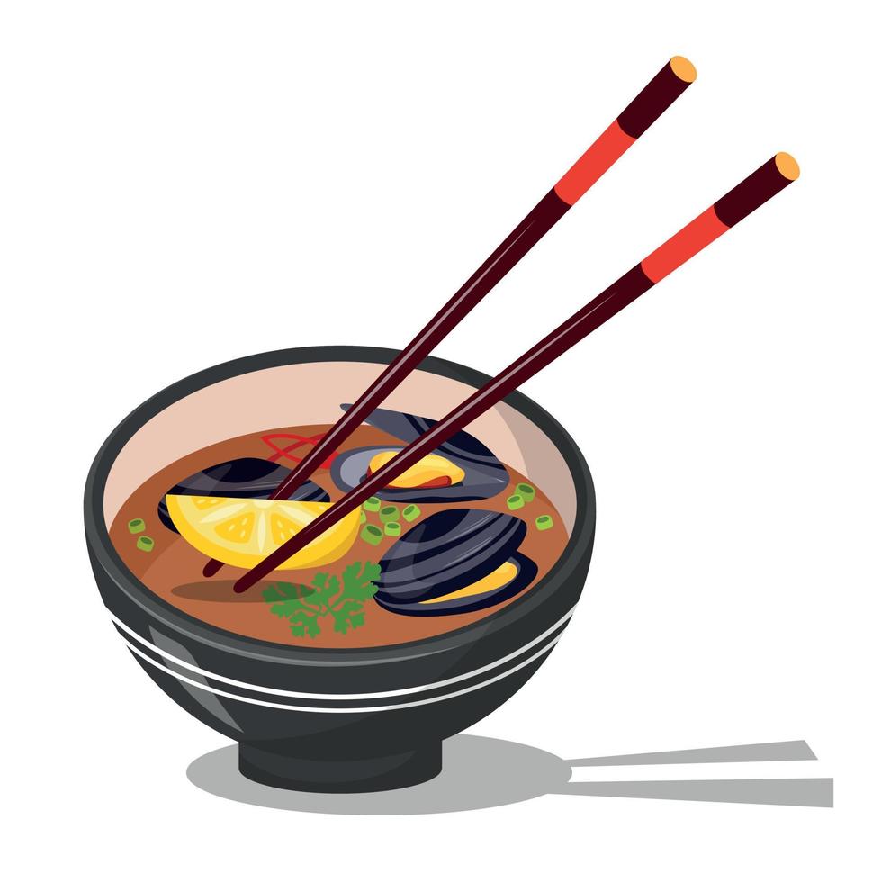 Asian Cuisine, Soup With Mussels. Traditional Seafood Dish. Close-up Of A Plate Of Food And Chopsticks vector