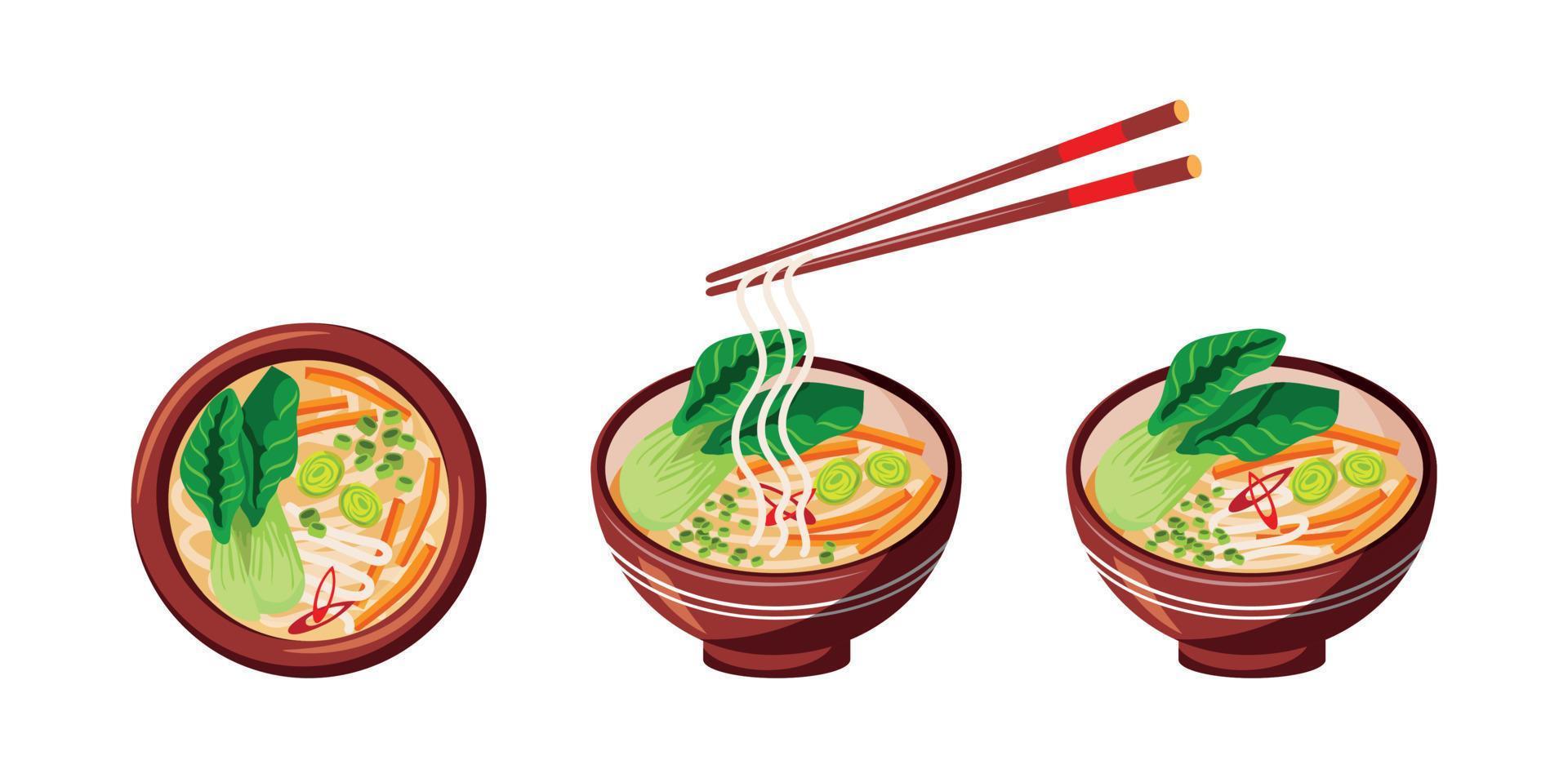 Asian Food, Asian Veggie Soup With Vegetables, Traditional. 3 Plates Of Food, Close-up vector