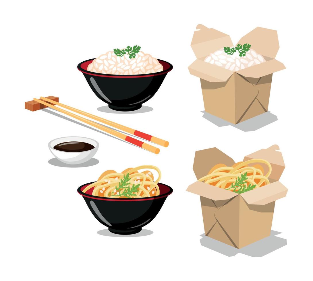 comida asiática, entrega de comida al estilo oriental, cajas de fideos y platos para comida, palillos. comida para llevar. juego de cajas y platos. elementos listos para su diseño. fondo blanco, objeto aislado vector