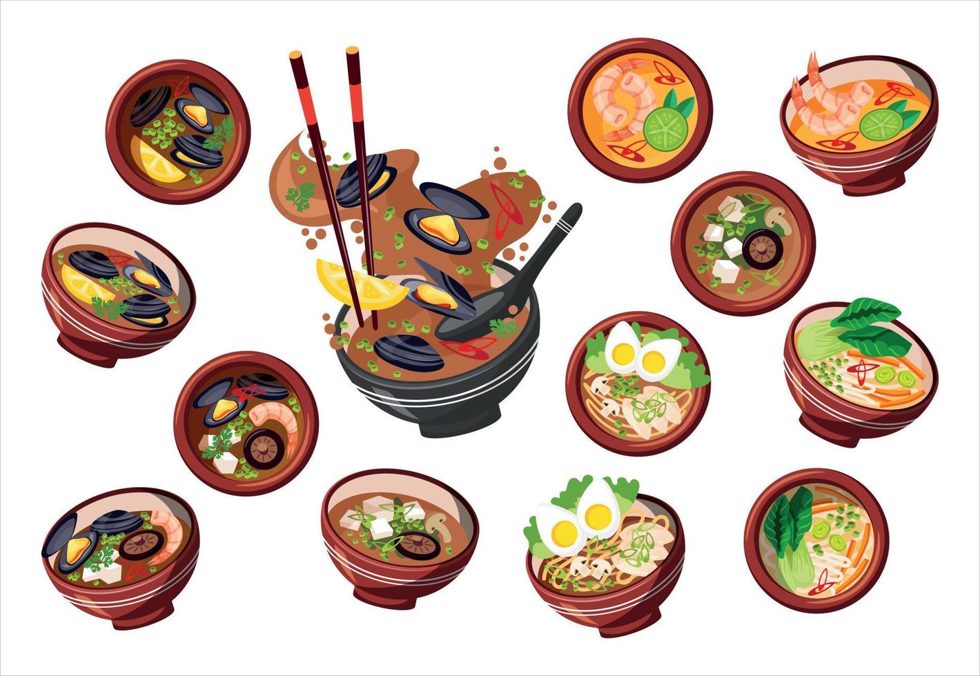 Big Set With Soups In Asian Style. Different Angles, Isolated Object. vector