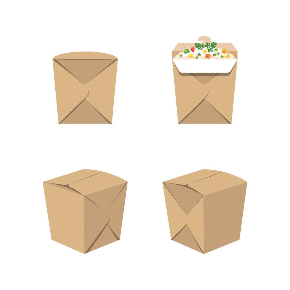 Asian Food. Oriental Style Food Delivery, Cardboard Boxes With Rice From Different Sides. Takeaway Food. Ready-made Elements For Your Design, Logo, Mockup. White Background, Isolated Object vector