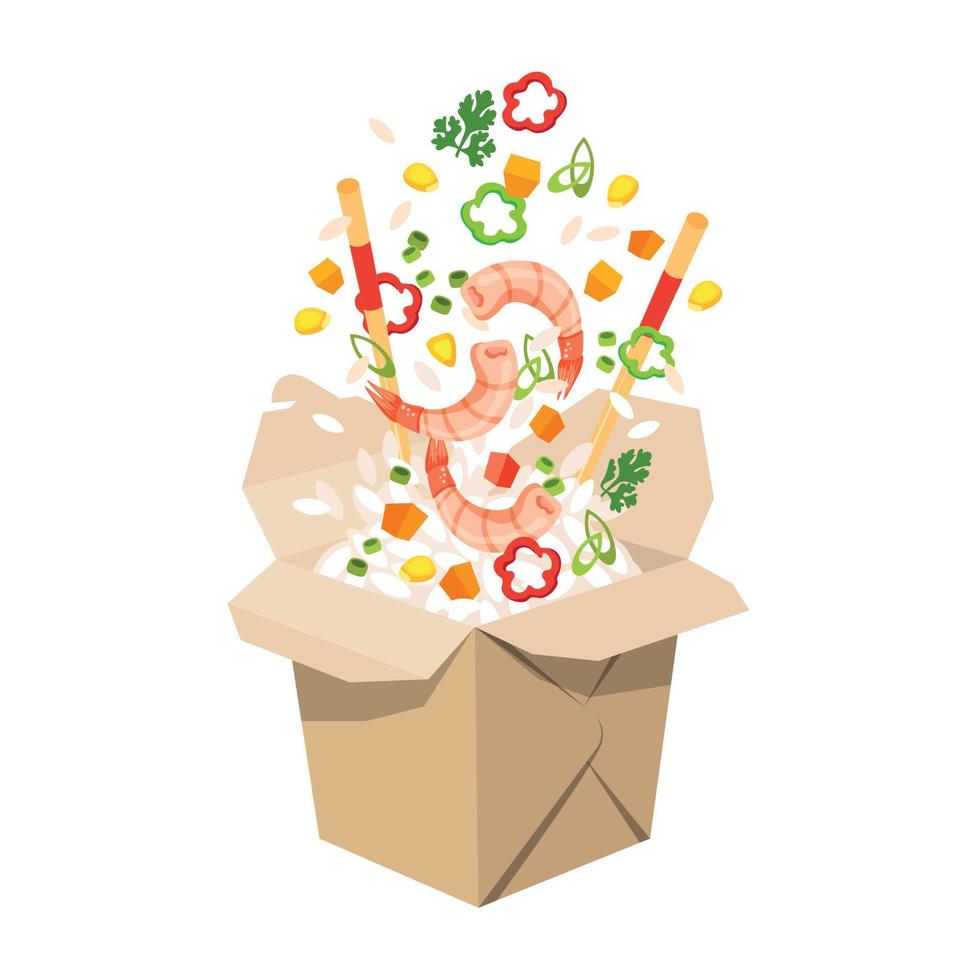 Asian Food, Delivery. Close-up, A Cardboard Box Of Rice Into Which Vegetables, Rice, Shrimp, Seafood And Chopsticks Are Flying. Oriental Dishes Constructor Concept. Fresh, Raw Foods. White Background vector