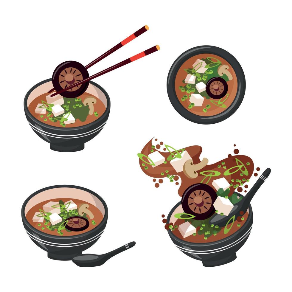 Asian Food. Miso Soup, Traditional Asian Soup. Japanese Soup With Mushrooms And Seaweed. Set Of Plates With Food vector