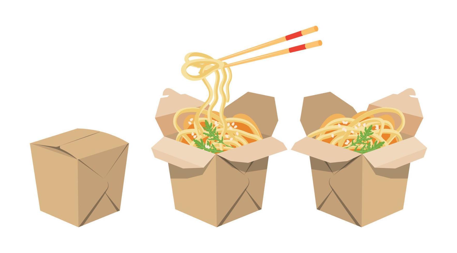 Entrega de comida al estilo oriental, caja de cartón con fideos udon de diferentes lados. camarones y palillos. comida para llevar. elementos listos para su diseño. 3 cajas, objeto aislado vector