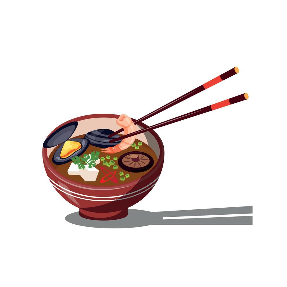 Asian Cuisine Soup With Mussels, Shiitake Mushrooms And Shrimps. Traditional Seafood Dish, Close-up. White Background, Isolated Object. Traditional Japanese Soup. Healthy Food, Seafood vector