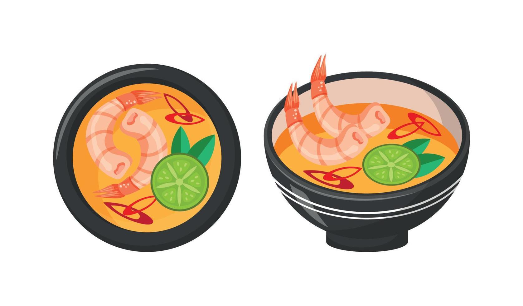 Asian Spicy Shrimp Soup, Traditional Seafood Dish. 2 Plates Of Food, Close-up. White Background, Isolated Object. Traditional Japanese Soup. Healthy Food, Seafood vector