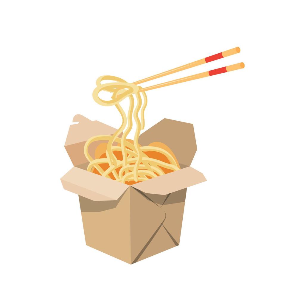 Oriental Style Food Delivery, Cardboard Box With Udon Noodles From Different Sides. Shrimps And Chopsticks. Takeaway Food. Ready-made Elements For Your Design. White Background, Isolated Object vector