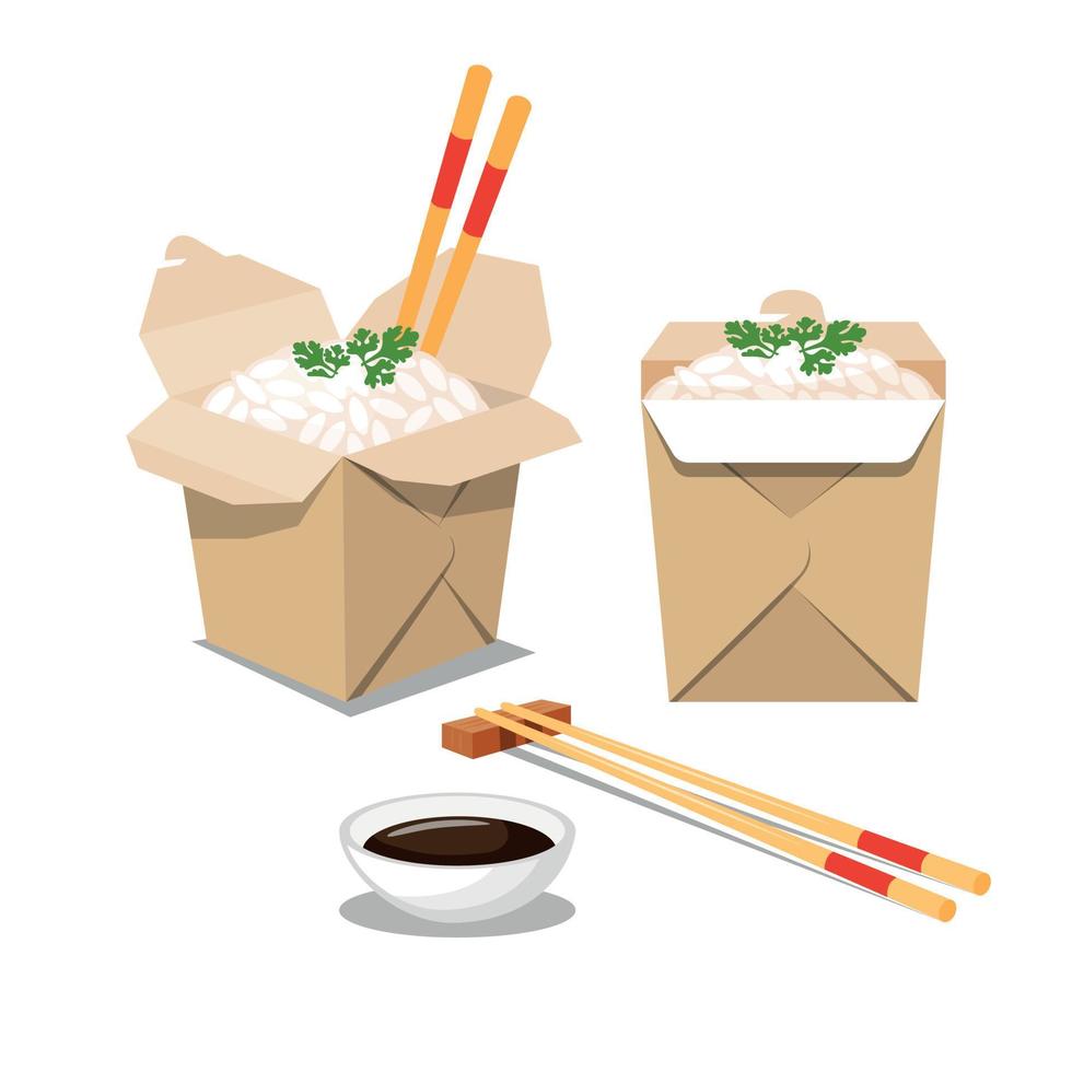 Food In Oriental Style, Delivery. Cardboard Boxes With Rice From Different Sides And Soy Sauce, Chopsticks. Design Elements, Images For Menus, Posters. White Background, Isolated Object vector
