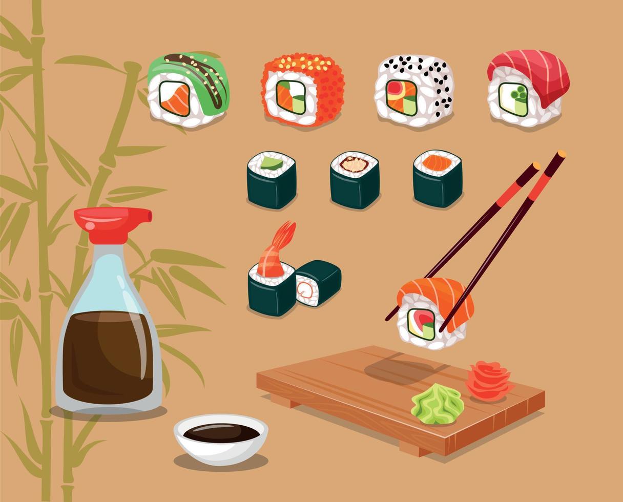 Big Set With Different Types Of Sushi, Rolls, Nigiri, Sauce. Brown Background vector