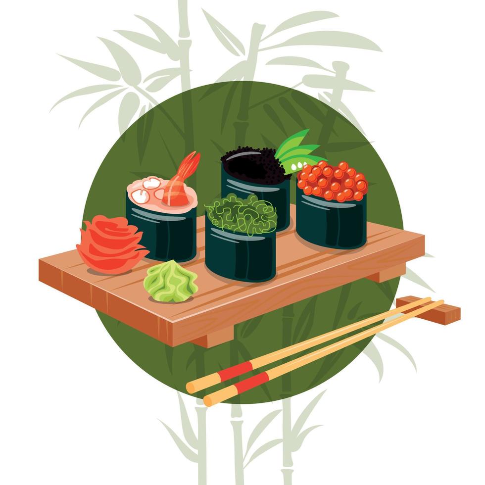 Asianfood. Sushi Set, Gucans On A Wooden Plate With Sauce. Green Background vector