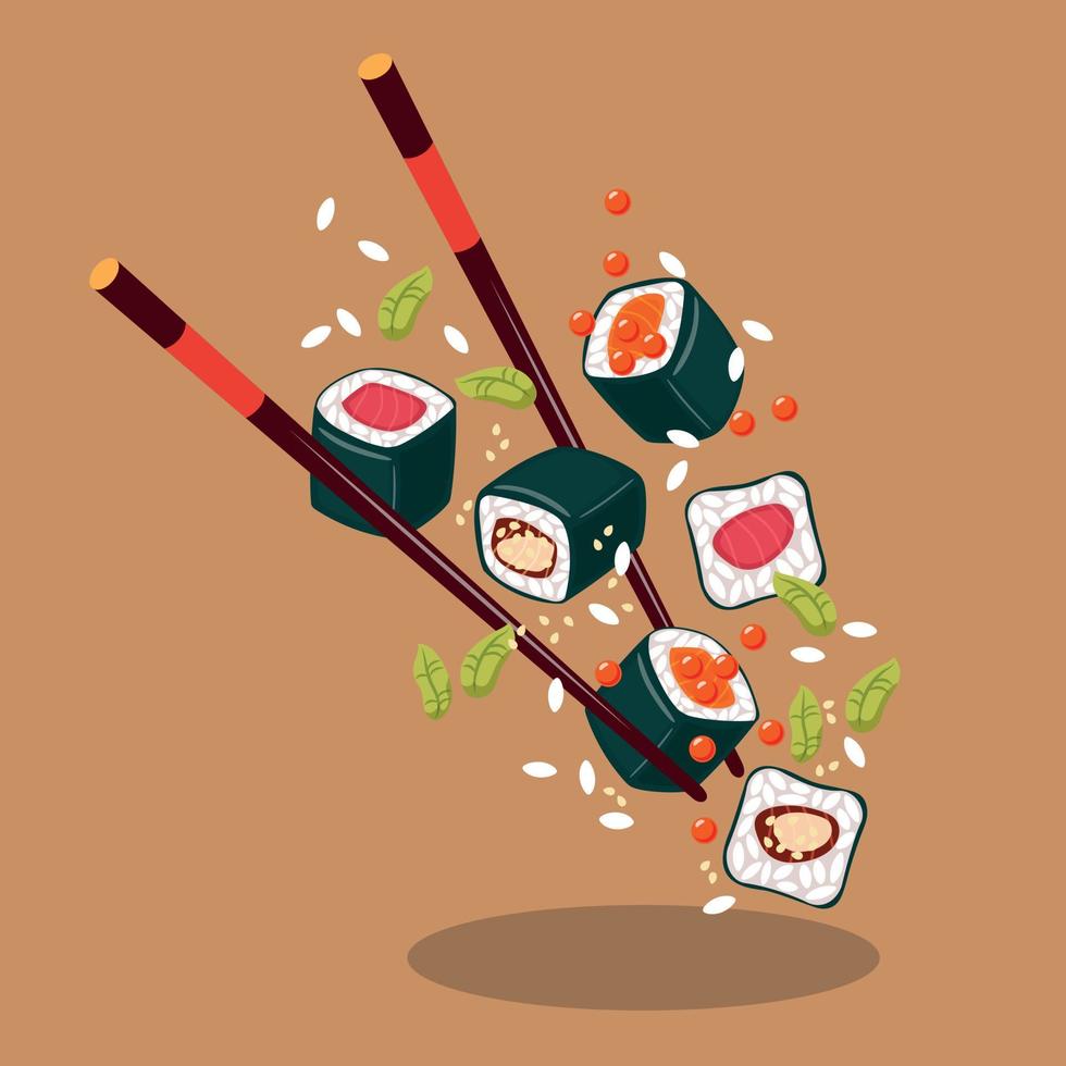 levitación de la comida japonesa. bollos y palos voladores. fondo marrón, menú vector