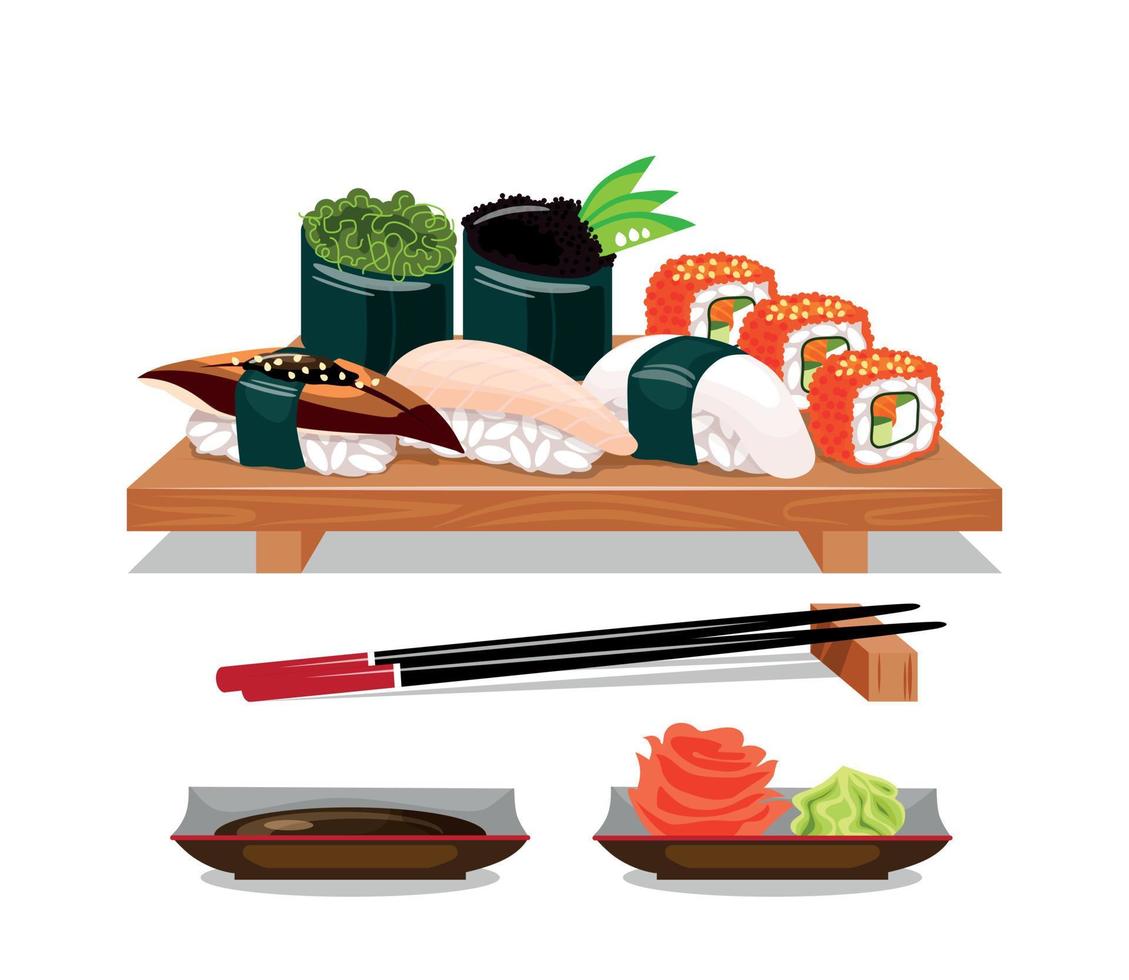 Sushi On The Wooden Plate With Chopsticks And Accessories Cartoon