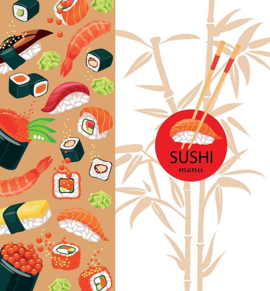 Asian Food. Brown Cover For Restaurant Menu. Japanese Cuisine, Sushi, Nigiri. Traditional Japanese Cuisine. Various Types Of Sushi On A Beautiful Background. Bamboo On The Background. vector