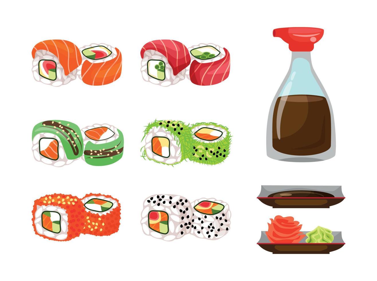 comida asiática. cocina japonesa. conjunto con rollos de fondo blanco, objeto aislado vector