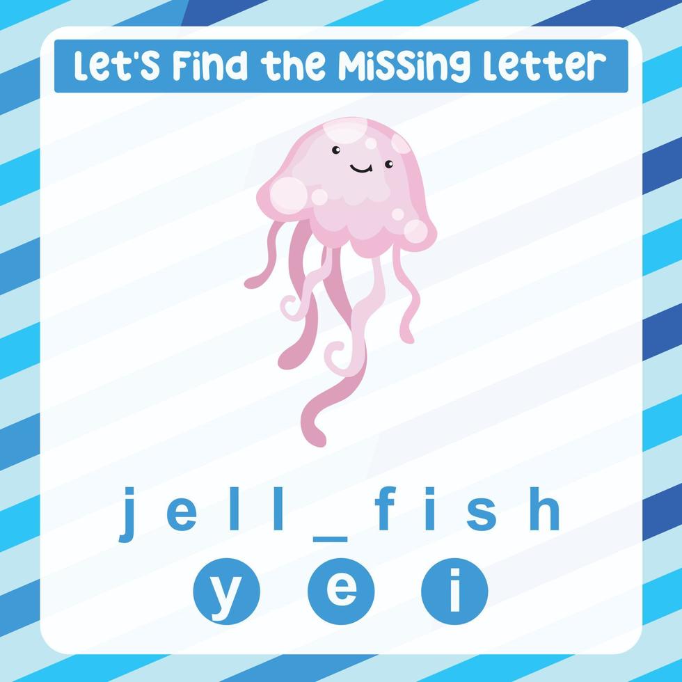 Missing letter worksheet. Complete the letters for sea animal name in English. Kids educational game. Printable worksheet for preschool. Writing practice. Vector file.
