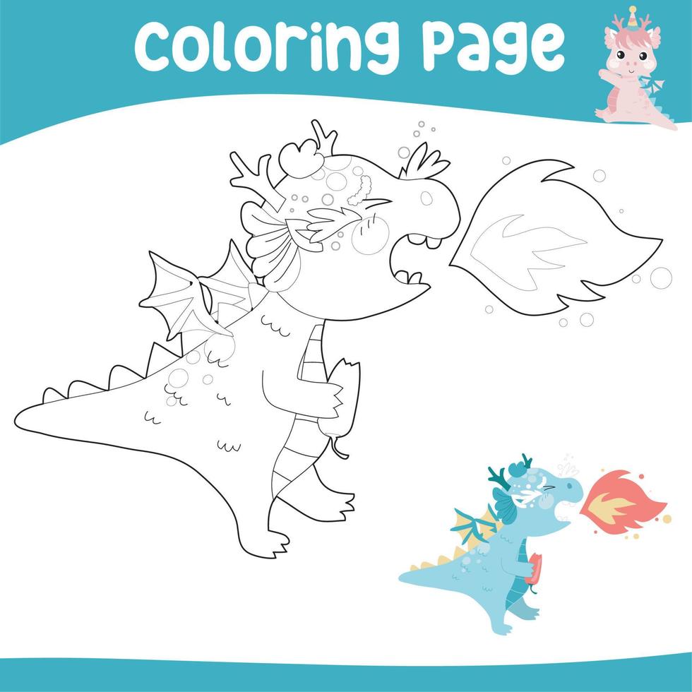 Educational printable coloring worksheet. Cute dragon illustration. Vector outline for coloring page.