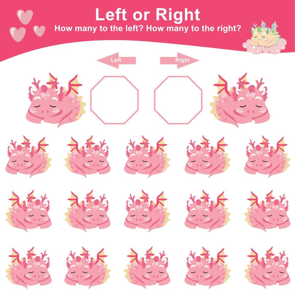 Mathematic activity page. Calculate and write the result. Left or Right worksheet for Children. Educational printable math. Vector file.