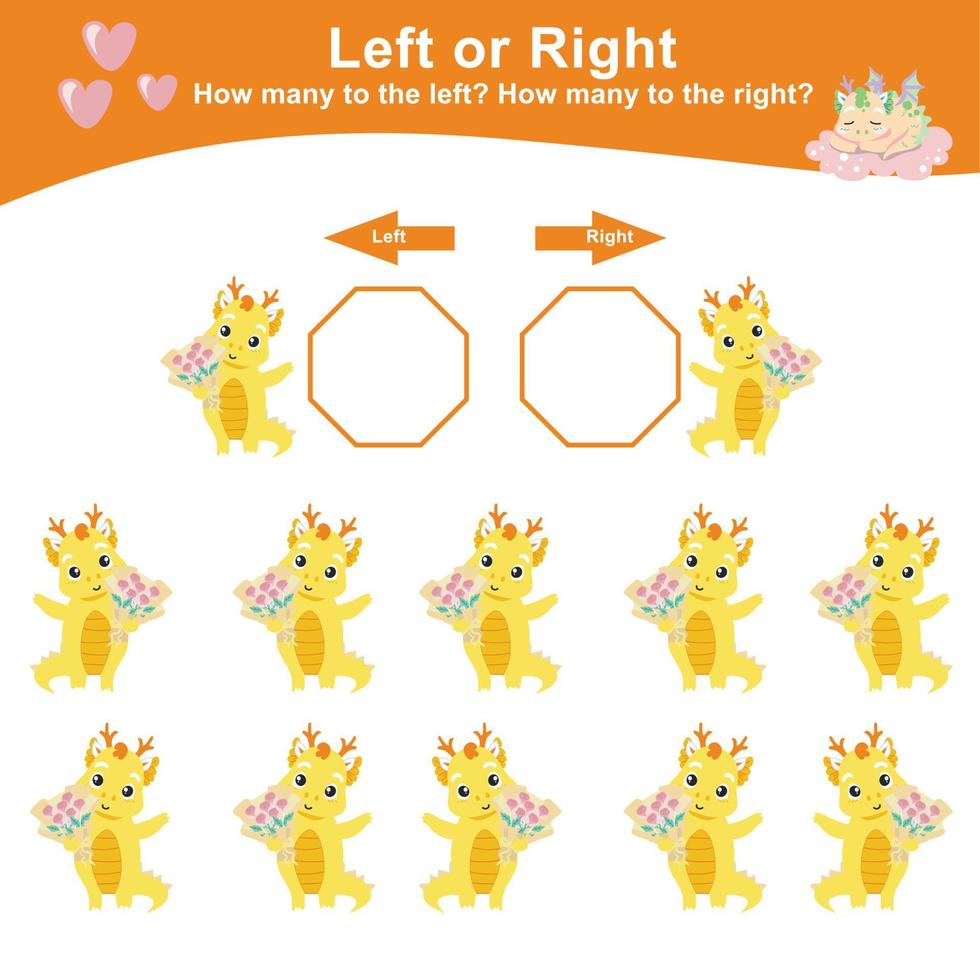 Mathematic activity page. Calculate and write the result. Left or Right worksheet for Children. Educational printable math. Vector file.