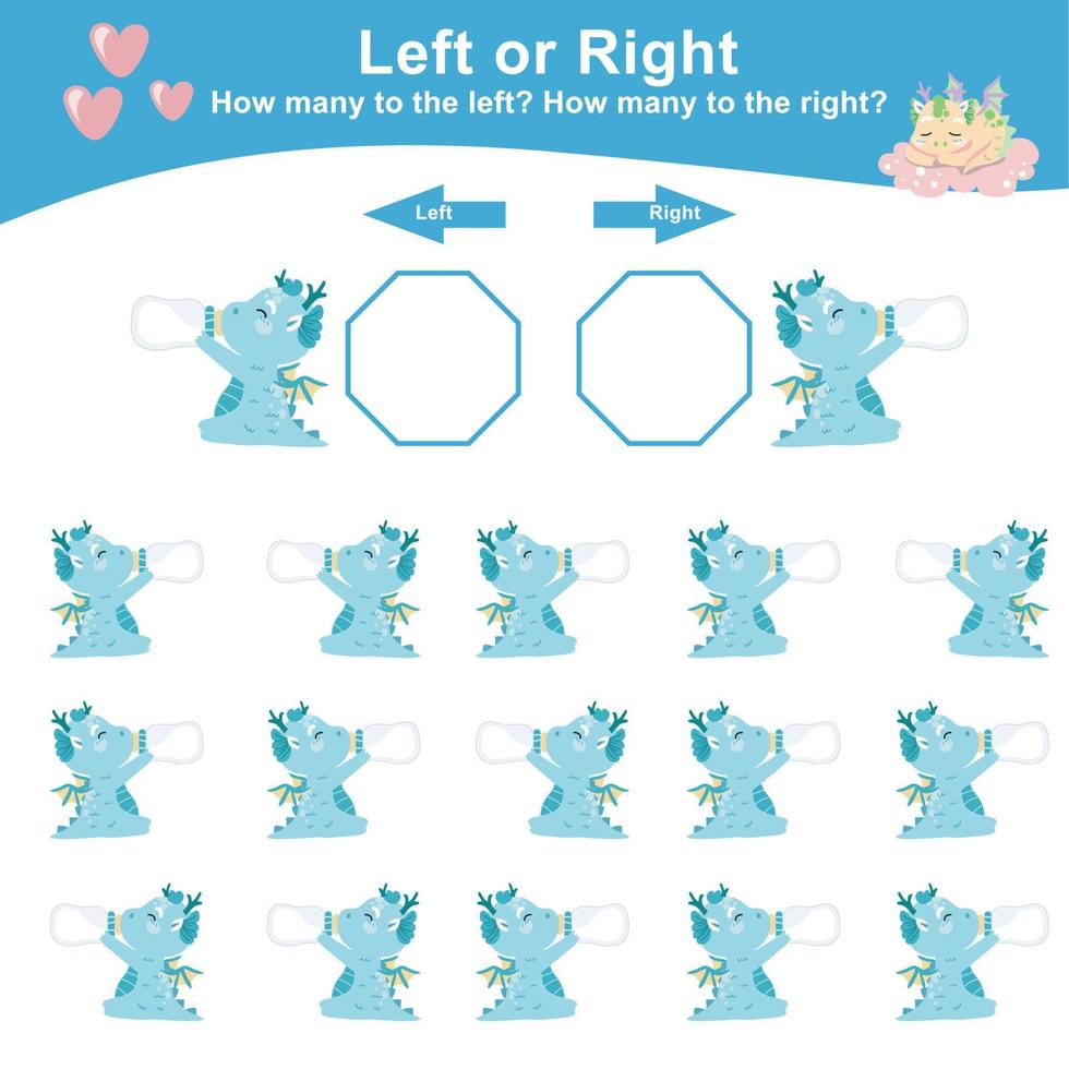 Mathematic activity page. Calculate and write the result. Left or Right worksheet for Children. Educational printable math. Vector file.