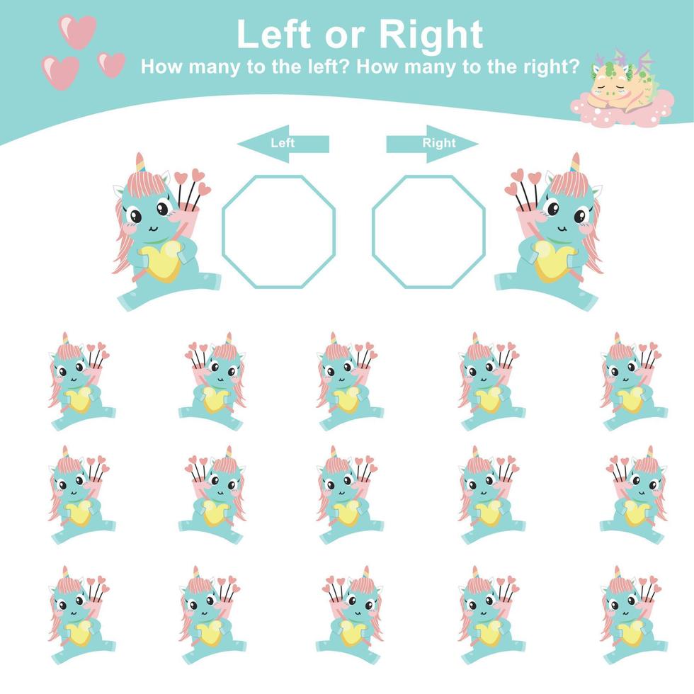 Mathematic activity page. Calculate and write the result. Left or Right worksheet for Children. Educational printable math. Vector file.