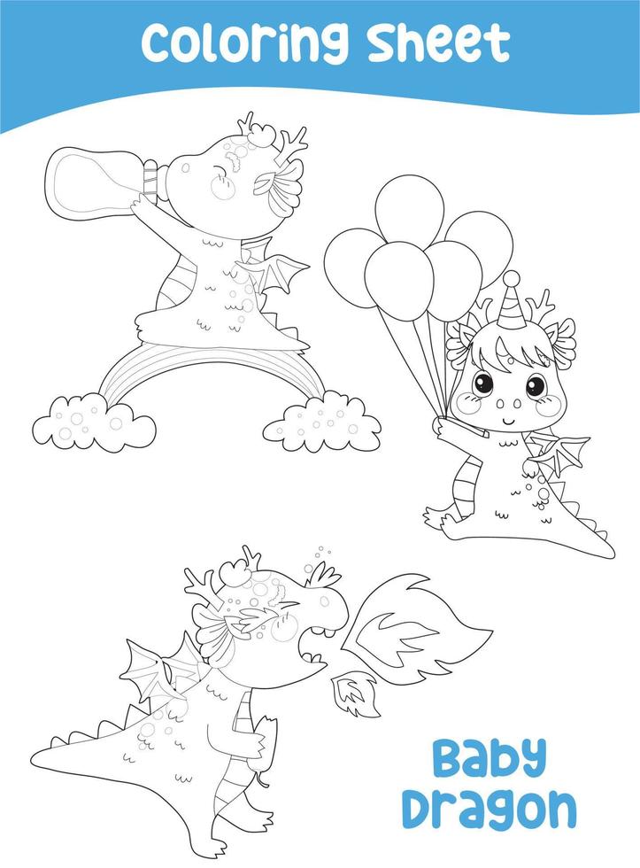 Educational printable coloring worksheet. Cute dragon illustration. Vector outline for coloring page.