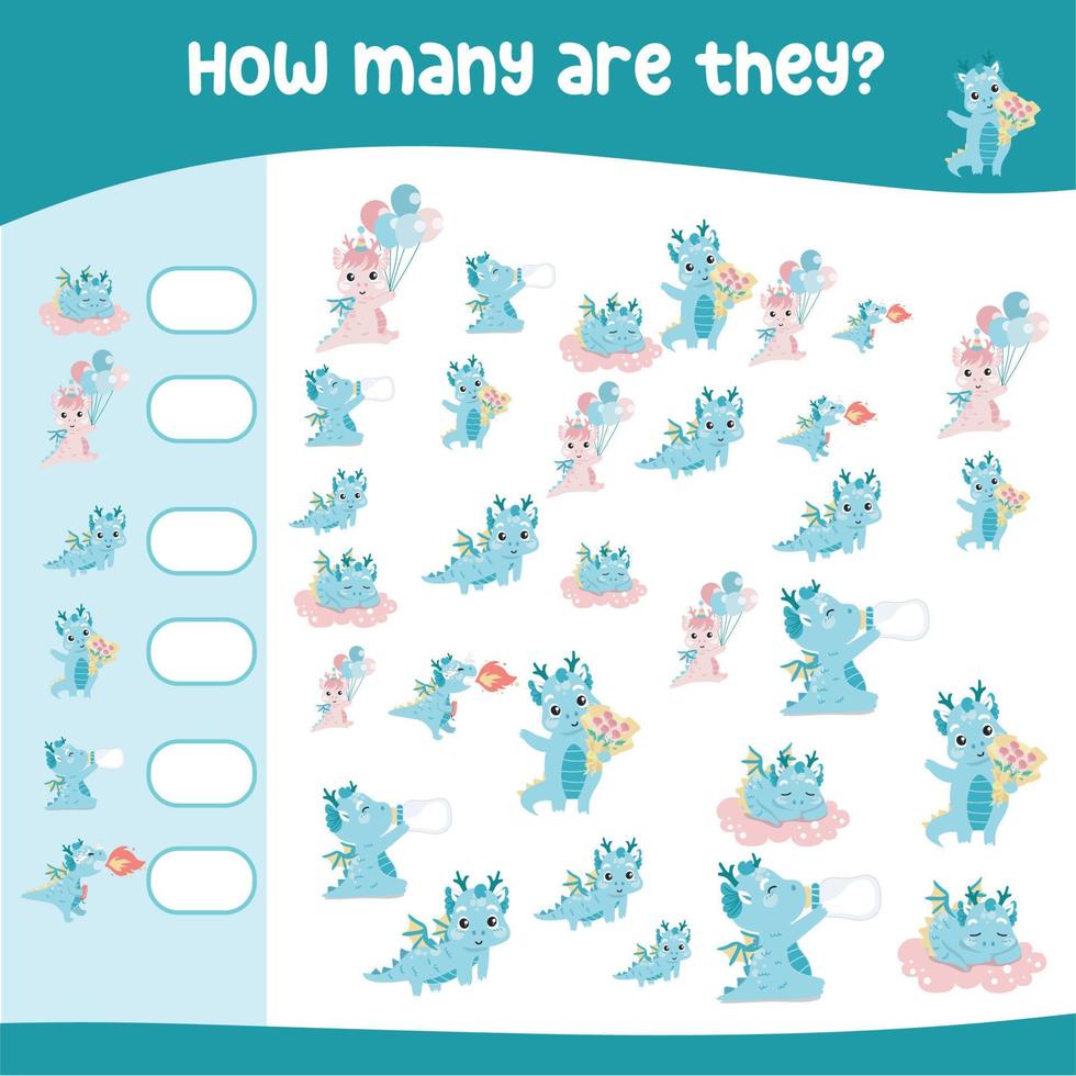 Mathematic activity page with cute dragon. Calculate and write the result. How many worksheet. Educational printable math for children. Vector file.