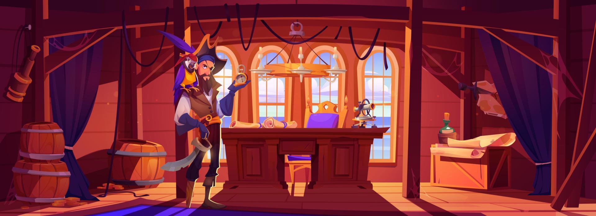 Peg-legged pirate with parrot standing in cabin vector