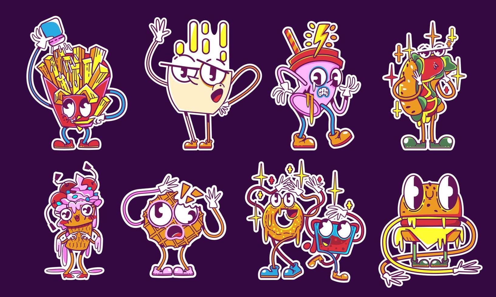 Fast food icons, cute retro stickers in y2k style vector