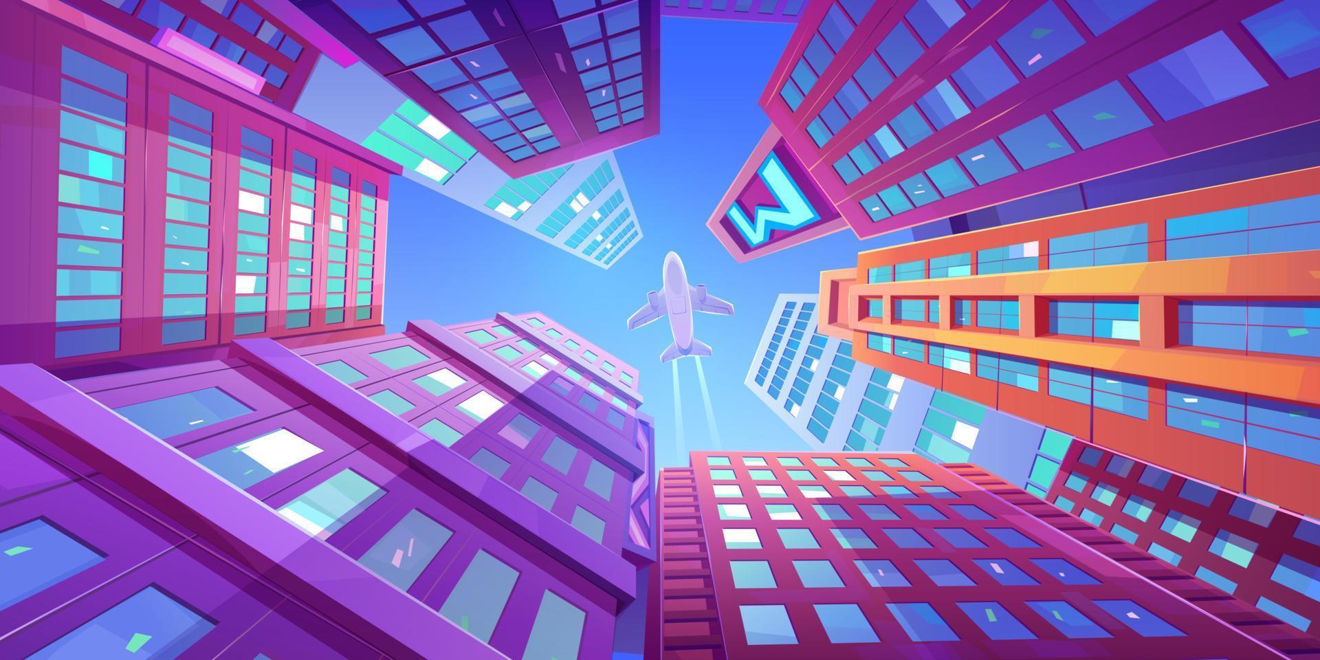 Airplane flying over skyscrapers low angle view vector