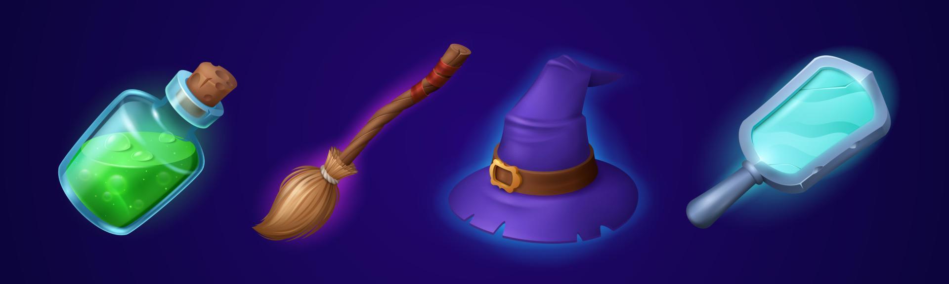 Witch accessories set isolated on dark background vector