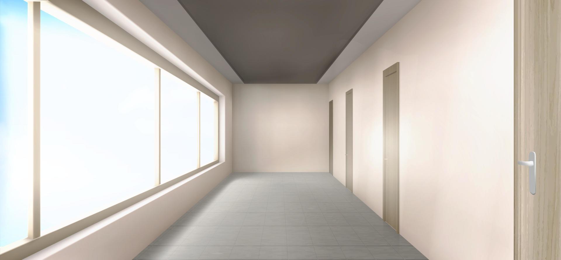Empty white hall with many doors and window vector