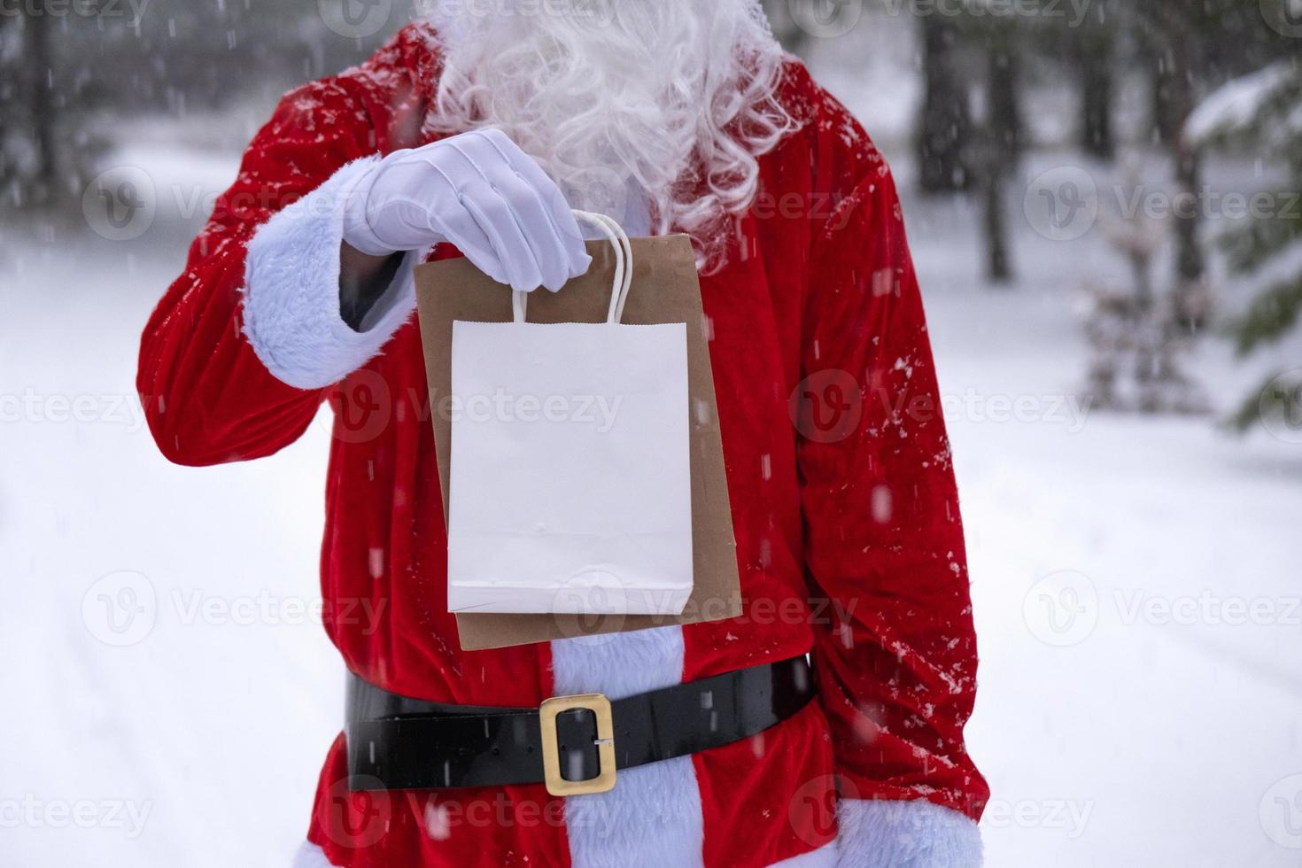 Santa Claus outdoor in winter and snow handing in hand paper bags with craft gift, food delivery. Shopping, packaging recycling, handmade, delivery for Christmas and New year photo