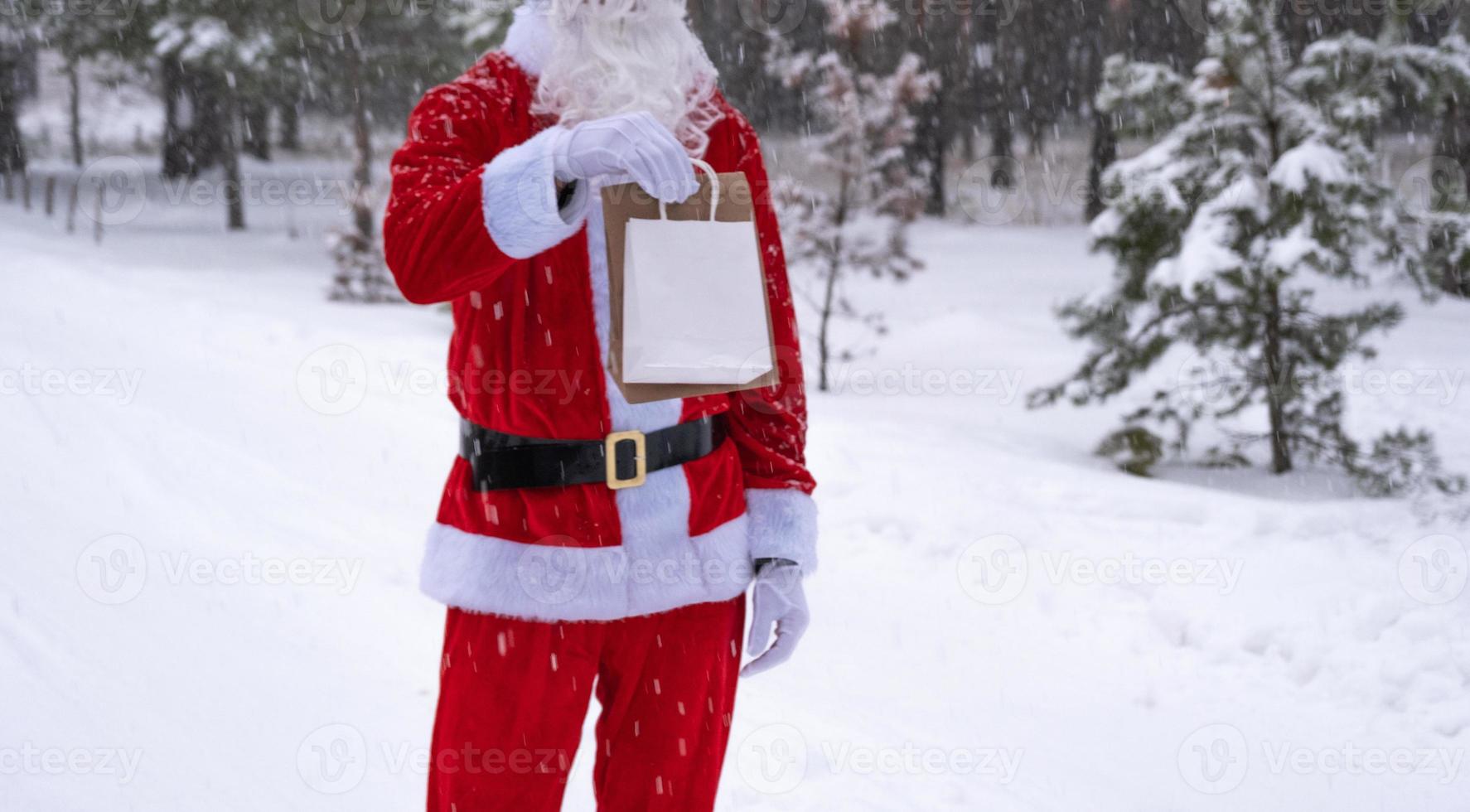 Santa Claus outdoor in winter and snow handing in hand paper bags with craft gift, food delivery. Shopping, packaging recycling, handmade, delivery for Christmas and New year photo