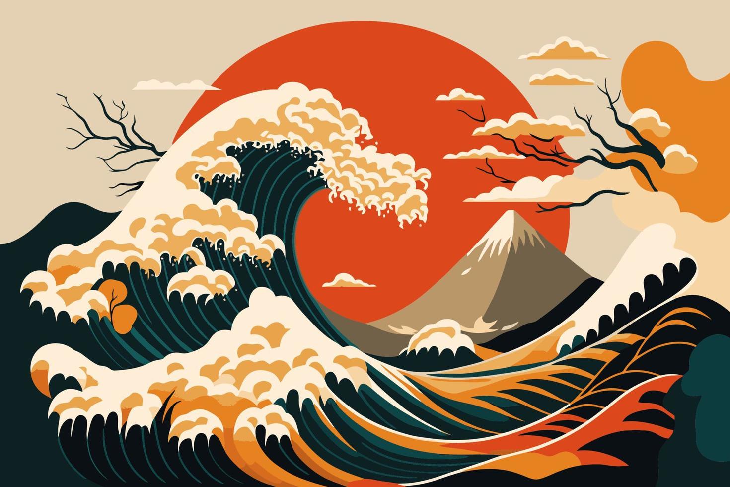 gran ola oceánica con afiche solar en ilustración vectorial de estilo japonés vector