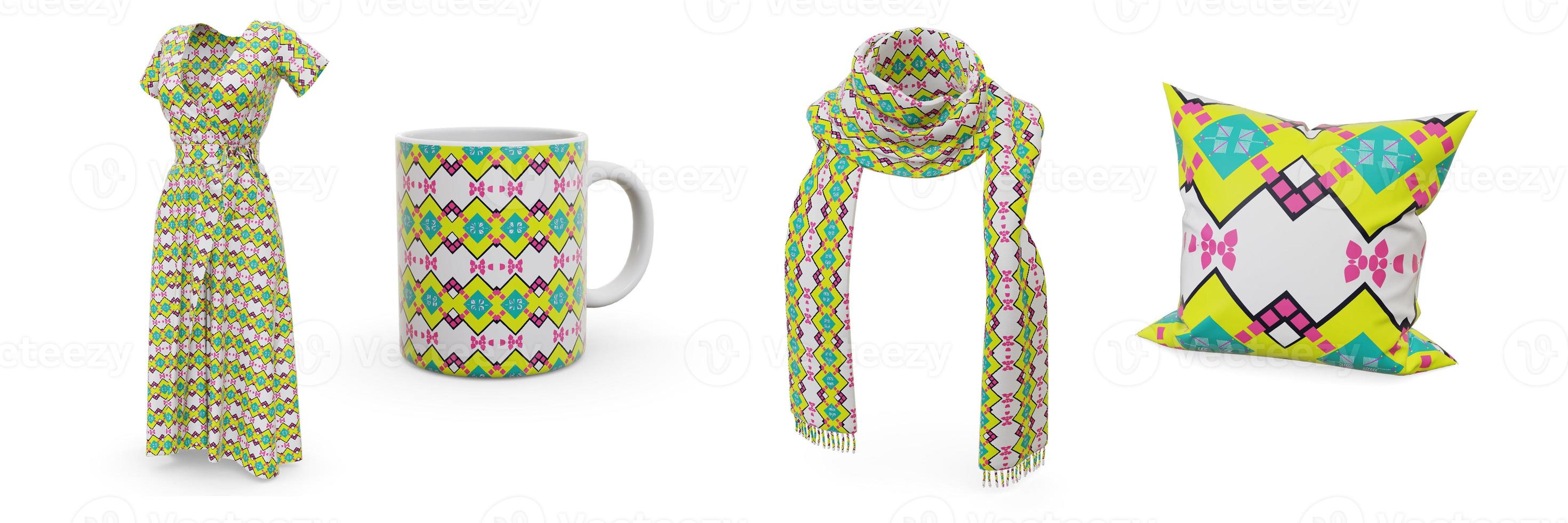 Examples of pattern design seamless are dresses, scarves, mugs and pillows. photo