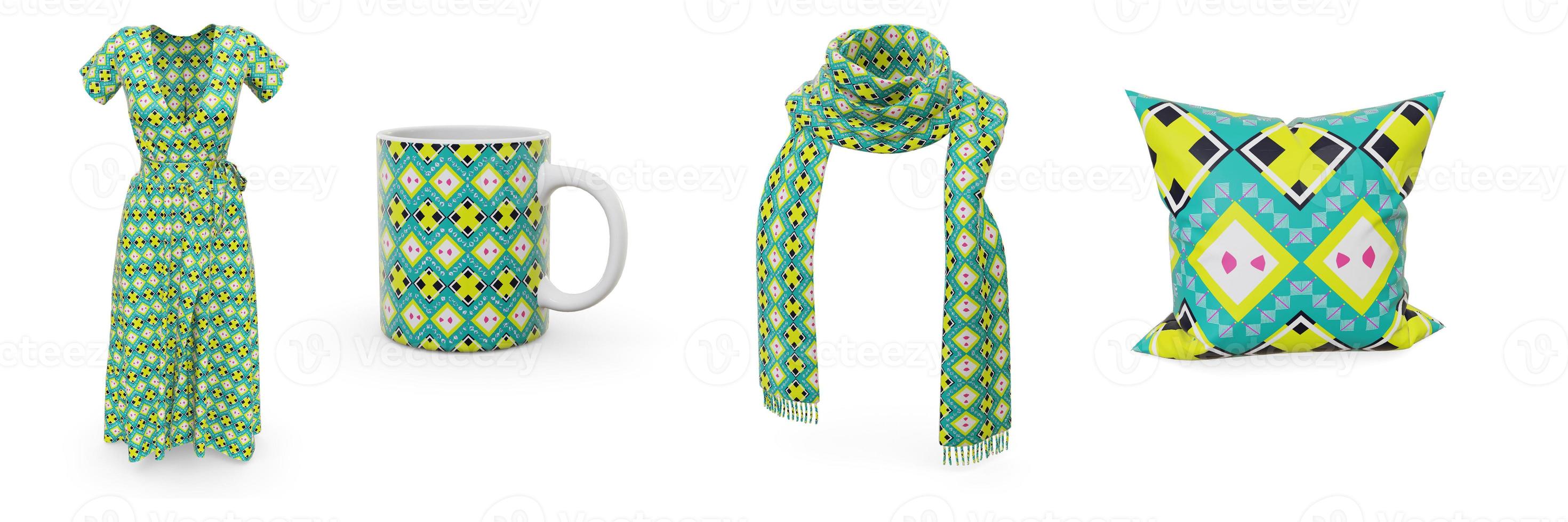 Examples of pattern design seamless are dresses, scarves, mugs and pillows. photo