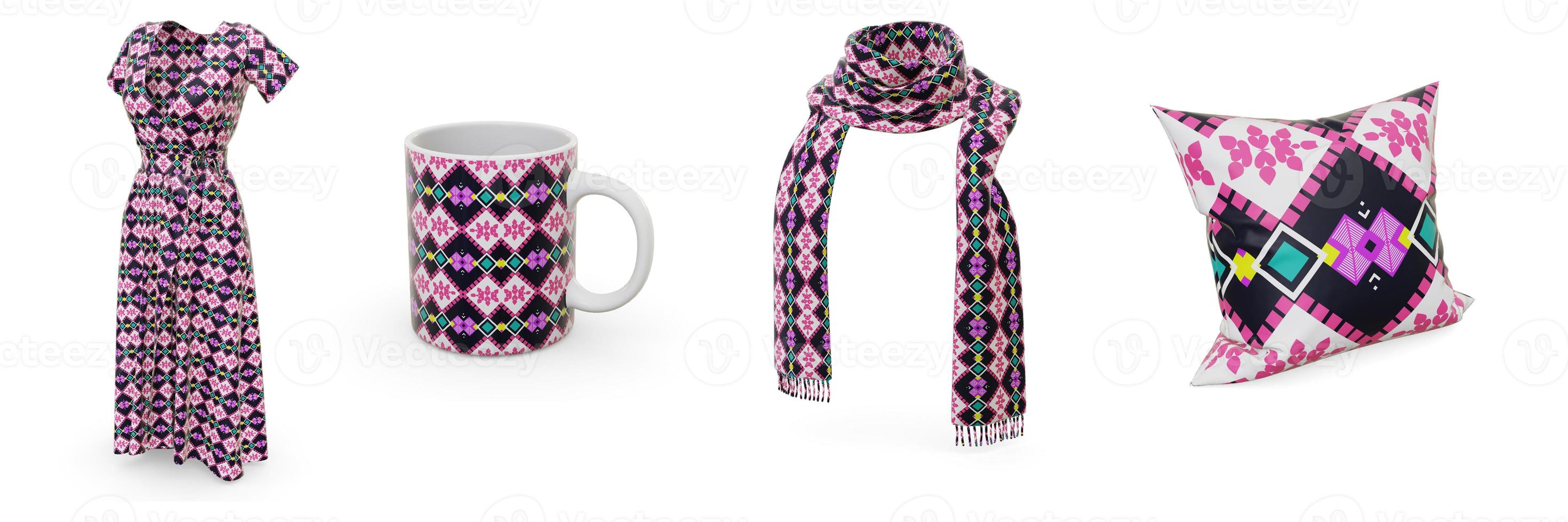 Examples of pattern design seamless are dresses, scarves, mugs and pillows. photo